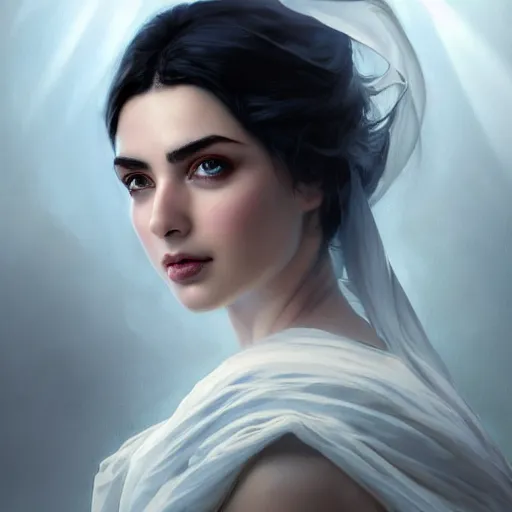 Prompt: a Photorealistic dramatic hyperrealistic blue eyes, ameera al taweel, black hair, white veil,by WLOP,Artgerm,Greg Rutkowski,Alphonse Mucha, Beautiful dynamic dramatic dark moody lighting,shadows,cinematic atmosphere,Artstation,concept design art,Octane render,8K