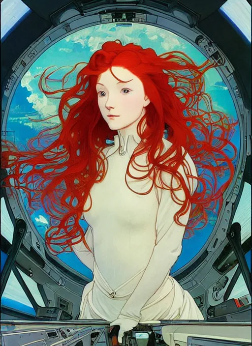 Prompt: a pretty young woman with long red hair is in the interior of a spaceship cockpit, piloting the spacecraft, path traced, highly detailed, high quality, digital painting, by studio ghibli and alphonse mucha, ron cobb, leesha hannigan, hidari, art nouveau, chiho aoshima, jules bastien - lepage