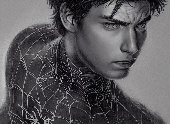 Image similar to a highly detailed beautiful portrait peter parker spiderman, james gurney, james jean
