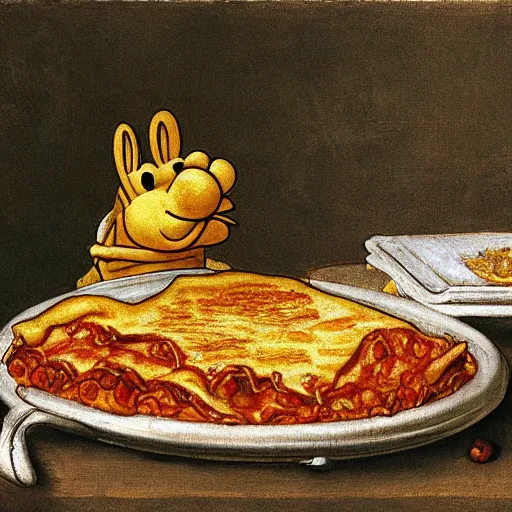 Prompt: garfield eating lasagna by leonardo davinci