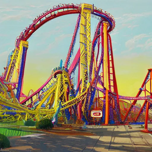 Prompt: painting of top thrill dragster at cedar point, illustration, artistic, colorful, hyper detailed, in the style of Greg Rutkowski