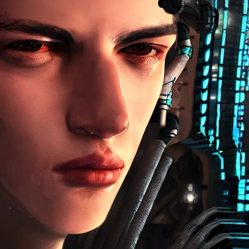 Prompt: Close up portrait of a young Cyberpunk man, Hyperdetailed, artstation, cgsociety, 8k