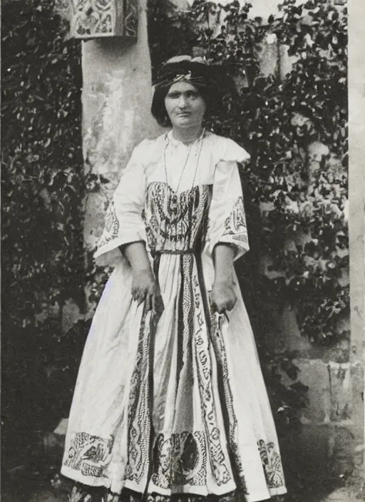 Image similar to vintage photo of a beautiful Romanian woman in traditional clothing standing near a pilar, 1911