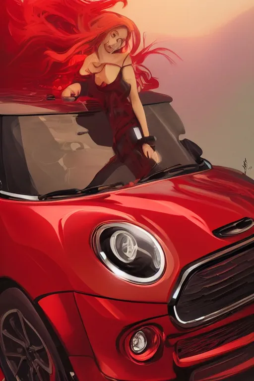 Image similar to Red Mini Cooper car , highly detailed, digital painting, artstation, concept art, smooth, sharp focus, illustration, art by artgerm and alphonse mucha, high definition digital art, in the style of Ross tran and ilya kuvshinov