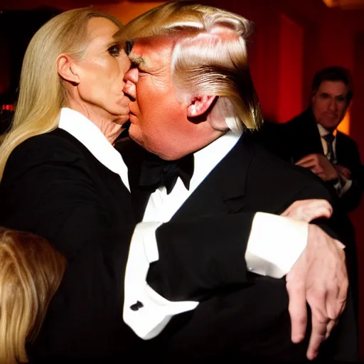 Prompt: donald trump in black tuxedo kissing ann coulter in a nightclub.