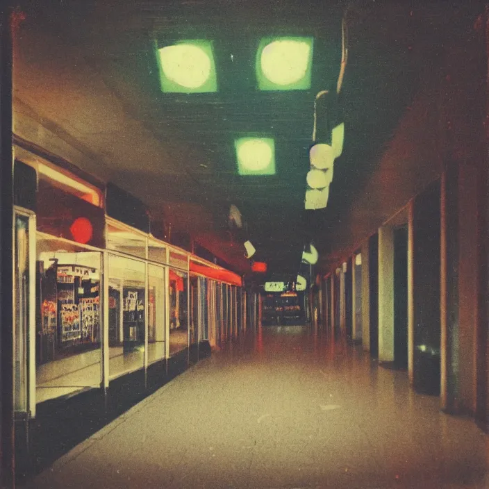 Image similar to unsettling polaroid of a retro mall at night, art by dariusz zawadski, deep depth of field. highly detailed, hyper realism, hd, 4 k