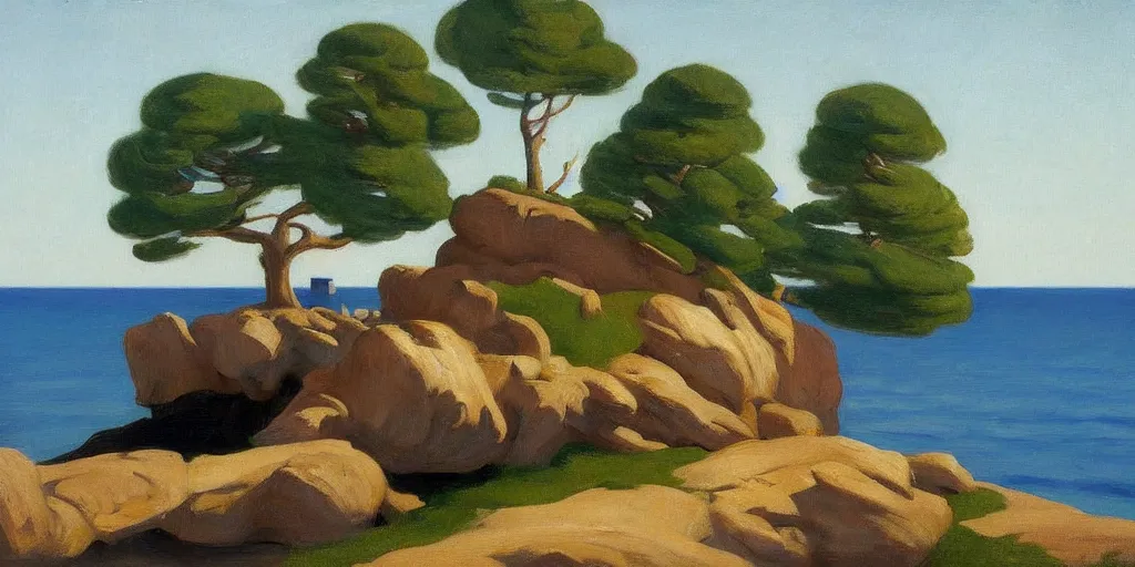 Prompt: a beautiful landscape painting of a rocky outcrop on the coast with a tree next to a house, by edward hopper, oil on canvas, highly detailed, hd, 4 k