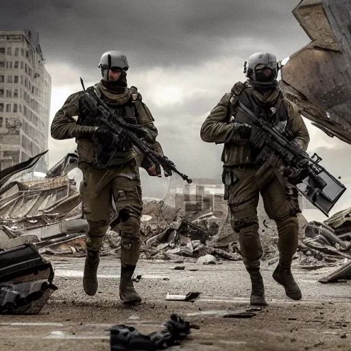 Image similar to Special Forces in grey uniform fighting in a ruined city in 2022, photo by Adam Ferguson, Pulitzer Winning, cinematic composition, breathtaking, modern, 2022