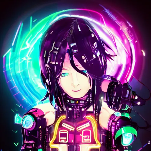 Image similar to full body!!!, colorful reflective eyes, full round face!, digital cyberpunk anime!!, shattered cyborg - girl in the style of arcane!!!, lightning, raining!!, water refractions!!, black long hair!, biomechanical details, neon background lighting, reflections, wlop, ilya kuvshinov, artgerm