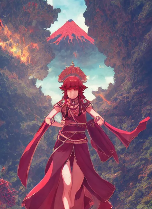 Image similar to character portrait of the ruby herald at the volcano temple, hidari, color page, tankoban, 4K, tone mapping, Akihiko Yoshida.