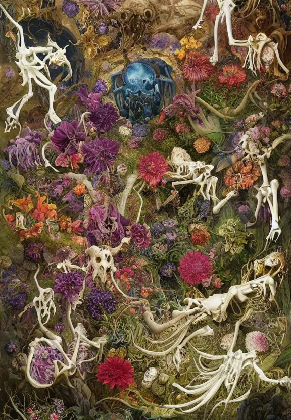 Prompt: simplicity, elegant, colorful muscular eldritch animals and bones radiating from fractal, orchids, dahlias, flowers, mandalas, white bones, by h. r. giger and esao andrews and maria sibylla merian eugene delacroix, gustave dore, thomas moran, pop art, chiaroscuro, biopunk, art nouveau