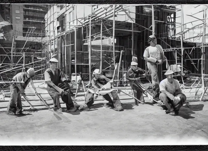 Image similar to construction workers enjoy their lunch break, art by thomas anshutz and paul cadmus and george quaintance