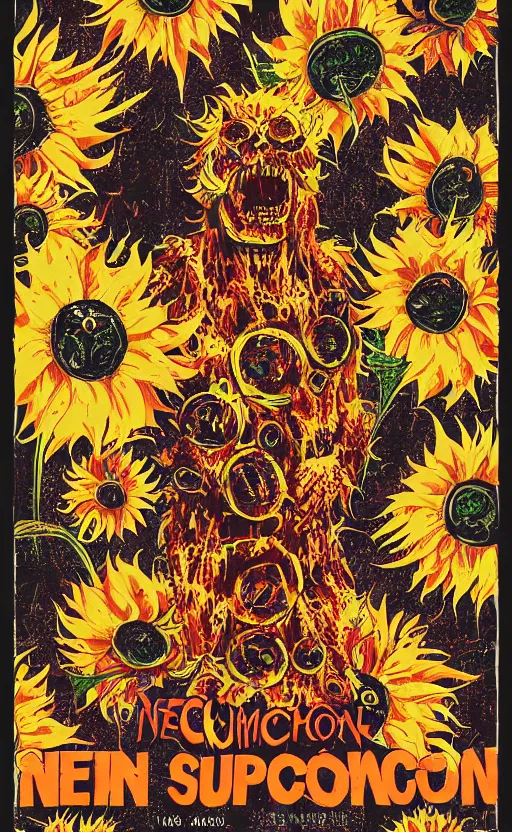 Image similar to 8 k cursed with necronomicon horrorcore cel animation poster depicting sunflowers spattered with blood, intricate, metropolis, 1 9 5 0 s movie poster, post - processing, vector art