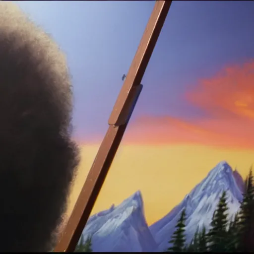 Image similar to a closeup photorealistic photograph of bob ross working on a canvas painting of darth vader. film still. brightly lit scene. mountains and trees. this 4 k hd image is trending on artstation, featured on behance, well - rendered, extra crisp, features intricate detail, epic composition and the style of unreal engine.