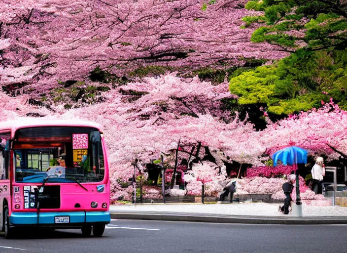 Prompt: a bus stop in kyoto where cherry blossoms bloom a warm pink color pixel art.