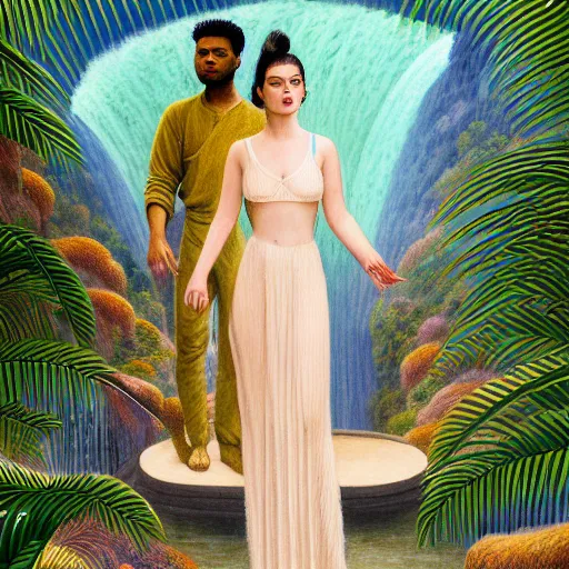 Image similar to a ultradetailed beautiful painting of lorde, frank ocean, the weeknd and lana del rey standing in front of the diamonds waterfall in the amazonas palace balustrade designed by jules bastien - lepage, tarsila do amaral, frank weston and gustave baumann, beach, trending on artstation, mediterranean, palm trees, sharp focus, soft light, 8 k 4 k