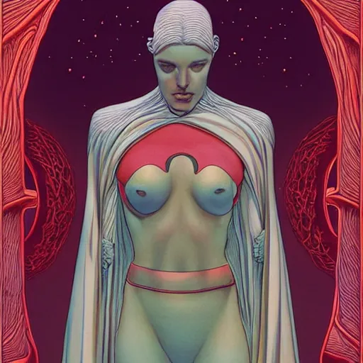 Prompt: an ancient goddess, by Moebius and jenny Frison, chromostereopsis