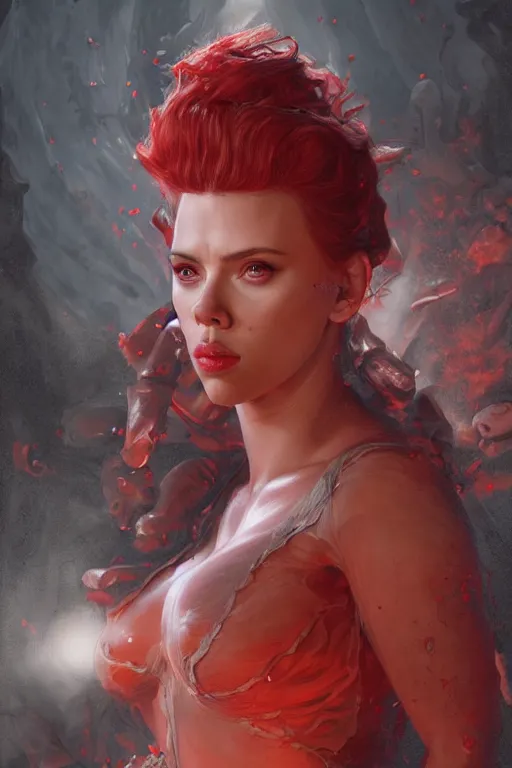 Image similar to Scarlett Johansson as the Queen of Hell , Highly Detailed anatomy, only two hands, highly detailed, digital painting, artstation, concept art, smooth, sharp focus, illustration, Unreal Engine 5, 8K, art by art by artgerm and greg rutkowski and edgar maxence