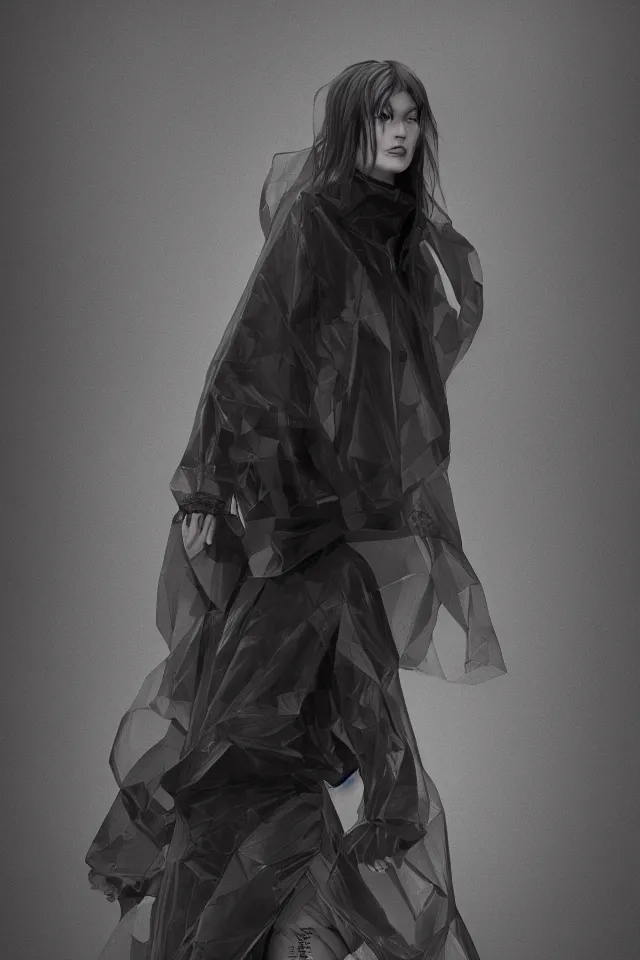 Prompt: realistic render, digital fashion, beautiful woman in tactical poncho designed by alexander mcqueen and acronym, iridiscent rim light, high key, ultra detailed, hyperdetailed, dark backdrop, trending on artstation