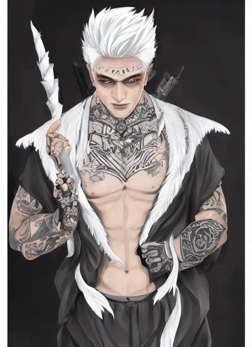 Image similar to a highly detailed illustration of fierce white haired asian man with short white hair parted down middle, wearing white kimono with black shirt, with dragon tatto, with black sclera eyes, heroically battle posing, muscular, intricate, elegant, highly detailed, centered, digital painting, artstation, concept art, smooth, sharp focus, league of legends concept art, WLOP