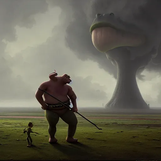 Image similar to steven armstrong vs shrek on helipad during storm, hyperrealism, no blur, 4 k resolution, ultra detailed, style of dragan bibin, denis villeneuve, tyler edlin, greg rutkowski