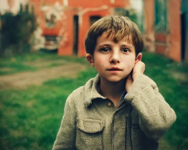 Image similar to a lomographic portrait photo of soviet boy in soviet yard in small town, bokeh