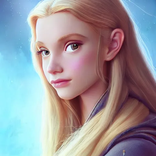 Image similar to disney princess with long blonde hair : : weta disney pixar movie still photo : : hi - fructose, decadent highly - detailed digital painting, symmetrical face, golden ratio, octane render, artstation, smooth, sharp focus, artgerm, mucha, loish, wlop