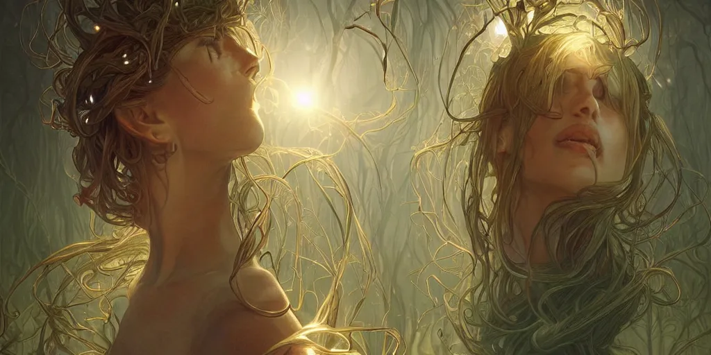 Image similar to scary plant people with tendrils, ominous, intense lighting, light beams, lens flare, intricate, elegant, highly detailed, digital painting, artstation, concept art, smooth, sharp focus, illustration, art by artgerm and serpentigena and alphonse mucha