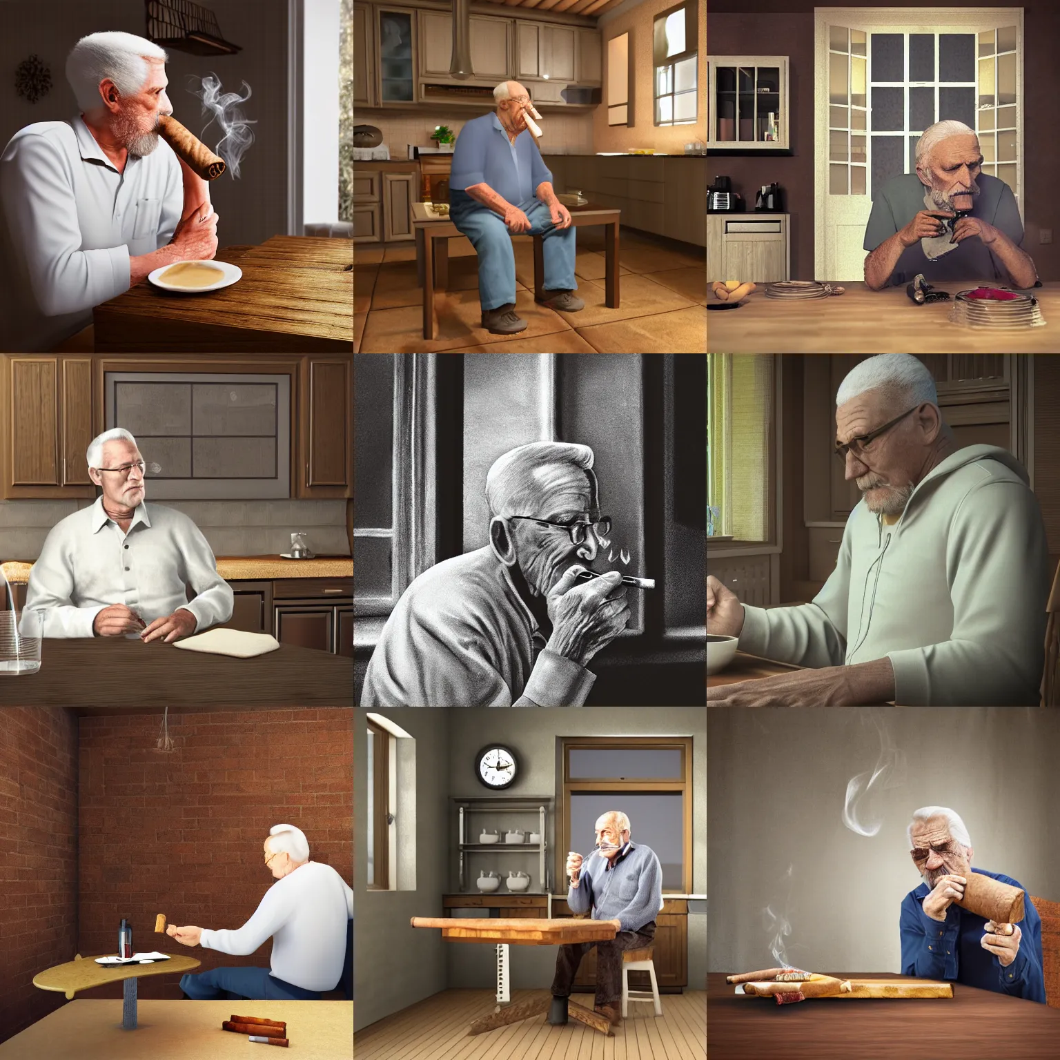 Prompt: 3D rendering of an old man sitting at a table and smoking a cigar in a kitchen in an old house, digital art
