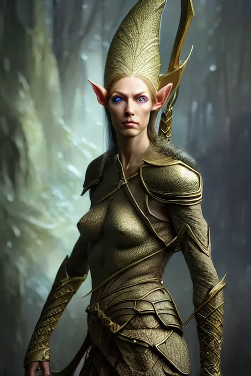 Prompt: hyperrealistic mixed media painting of a female elven ranger, tall confident stature, d&d, full body, stunning 3d render inspired art by P. Craig Russell and Barry Windsor-Smith + perfect facial symmetry + dim volumetric lighting, 8k octane beautifully detailed render, post-processing, extremely hyperdetailed, intricate, epic composition, grim yet sparkling atmosphere, cinematic lighting + masterpiece, trending on artstation, very very detailed, masterpiece, stunning