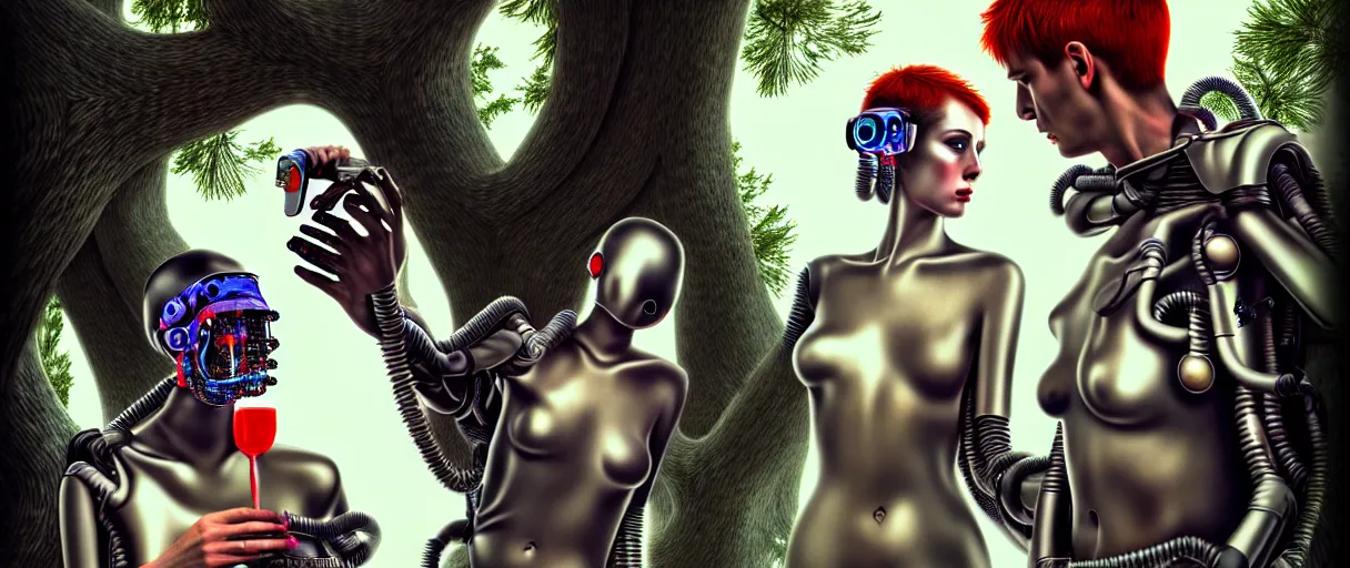 Prompt: minimalist hyperdetailed photorealistic cyborgs under a big tree, eating interesting elaborate fruits, with simple clothing. in the style of Caravaggio, with liberty cyberpunk and flemish baroque mixed media elements. beautiful! accurate hyperrealistic soft pastel tones. matte background HD 8x