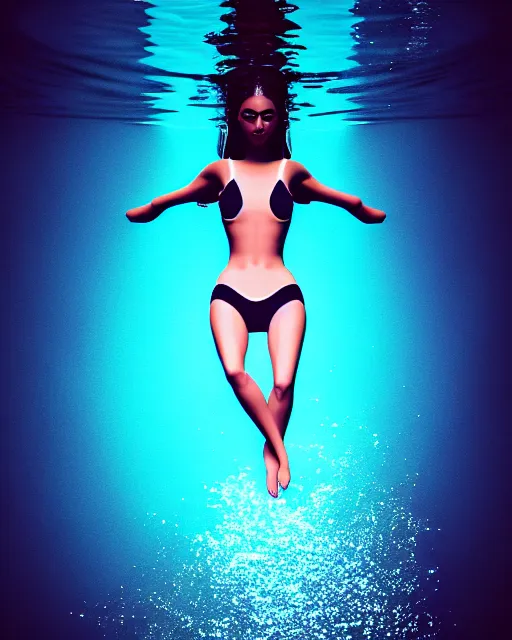 Prompt: portrait of beautiful, female, latina, floating under water, model, symmetrical!!, makeup, sephora, maybelline, cinematic, filmic, vsco, fantasy, concept art, artstation, elegant, ray trace, gorgeous, vray, flim, octane render, arnold render, wlop