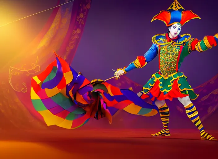 Prompt: award winning digital art of a attractive male jester wearing a traditional jester ’ s outfit, performing at a magnificent carnival with lots of colors, beautiful circus themed background, trending artstation, digital art, aesthetic, bloom, intricate, elegant, sharp focus, digital illustration, highly detailed, octane render, digital painting, concept art, witchlight carnival, masterpiece