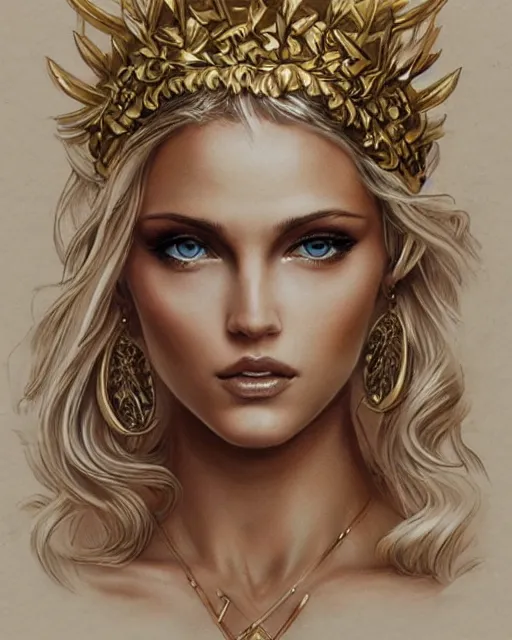 Image similar to tattoo design sketch of hot blonde super model as aphrodite greek goddess wearing a gold laurel wreath and triangle earrings, beautiful piercing gaze with sharp pupils, in the style of greg rutkowski, fantasy, amazing detail, epic, elegant, smooth, sharp focus, front view