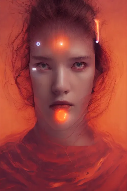 Prompt: 3 d, sci - fi, morning, sleepy fashion model face, sun, cinematic, lightning clouds, vogue cover style, stanley kubrick, light red and deep orange mood, realistic painting, intricate oil painting, high detail, figurative art, multiple exposure, poster art, 3 d, by tooth wu and wlop and beeple and greg rutkowski