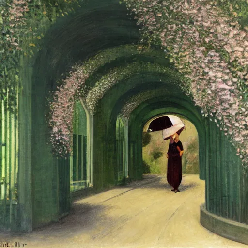 Prompt: a happy middle aged italian woman with black hair and green eyes sits outside an art deco cafe under an archway tunnel of laburnum trees in bloom painted by emile friant