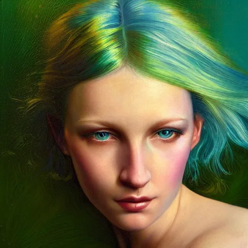 Prompt: A beautiful portrait of a woman with iridescent skin by James C. Christensen, scenic environment, blue hair, green eyes