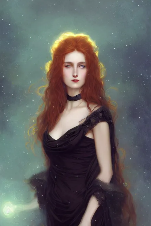 Image similar to Nocturne, glowing, stars, a long-legged occultist woman, long auburn hair, choker, highly detailed, mysterious, ethereal, dressed in black, sigils, haute couture, illustration, dramatic lighting, soft details, painting, by Edmund Blair Leighton, Brom, Charlie Bowater, trending on artstation, faces by otto schmidt