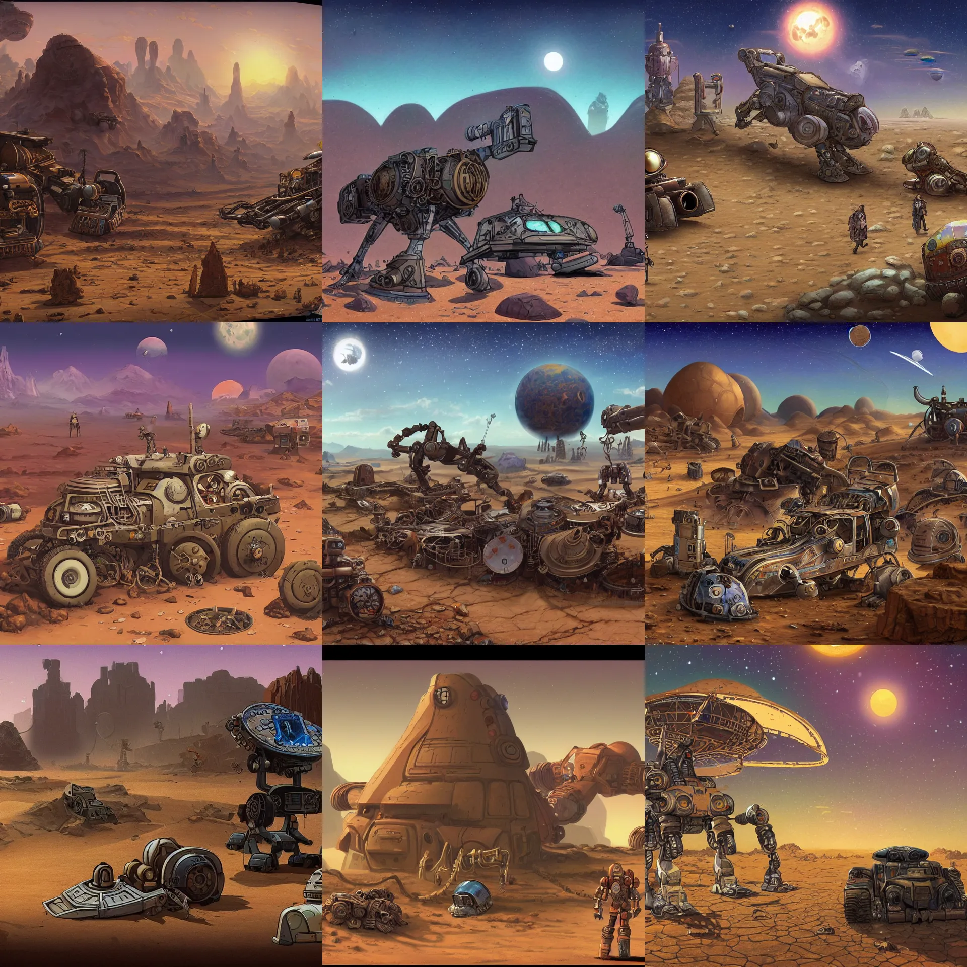 Prompt: next to the wreckage of a gaint robot on a desert planet, from a space themed point and click 2 d graphic adventure game, art inspired by steampunk and thomas kinkade