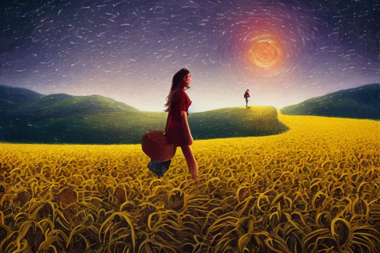 Image similar to giant sunflower as a head, girl walking in wheat field, hills, surreal photography, dark night, star trails, dramatic light, impressionist painting, clouds, digital painting, artstation, simon stalenhag