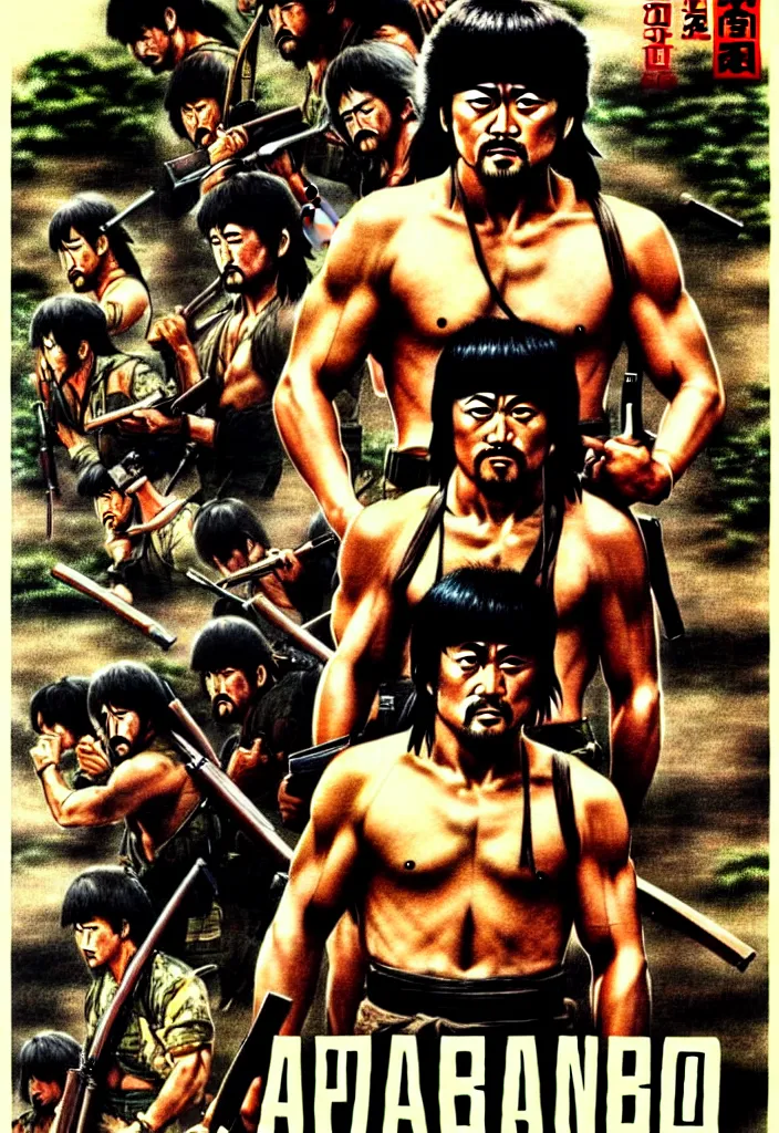 Image similar to japanese rambo - movie poster, 1 9 8 5, hq print