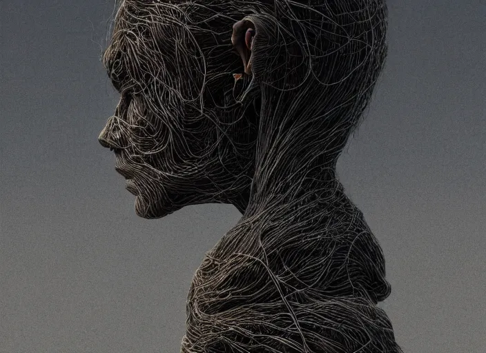 Image similar to rgb, woman, inspired by zdzislaw beksinski, new zealand landscape, clothes made out of veins,, cables everywhere, bedroom, ultra realistic, concept art, intricate details, highly detailed, photorealistic, octane render, 8 k