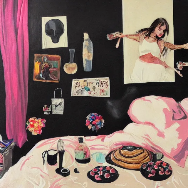 Image similar to a portrait in a female artist's bedroom, black walls, girl eating pancakes, emo t - shirt, sheet music, berries, surgical supplies, handmade pottery, flowers, sensual, octopus, neo - expressionism, surrealism, acrylic and spray paint and oilstick on canvas