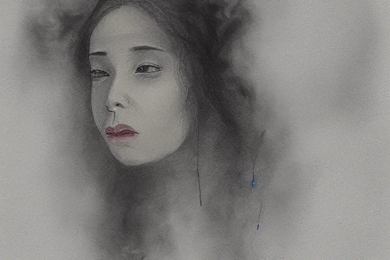 Prompt: a women fading into smoke, drawing, portrait, detailed, wide shot,. - h 4 0 0