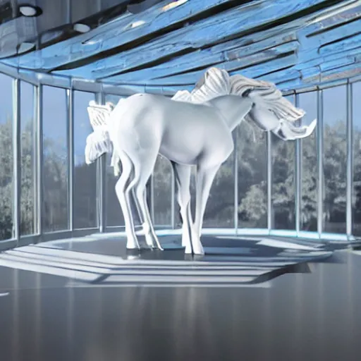 Prompt: a 3 d printed unicorns sculpture in a glass room, hightech, futuristic, unreal engine