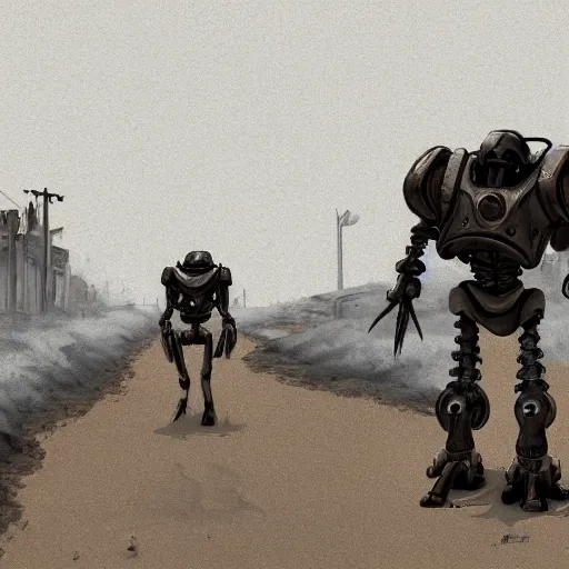 Image similar to two robots in power armor fleeing in a sand covered street, horrible smoke monster made of bones, post apocalypse, ruined subdivision houses, Sci Fi, intricate, elegant, highly detailed, digital painting, artstation, concept art, matte, sharp focus, illustration, art by Isaac Asimov