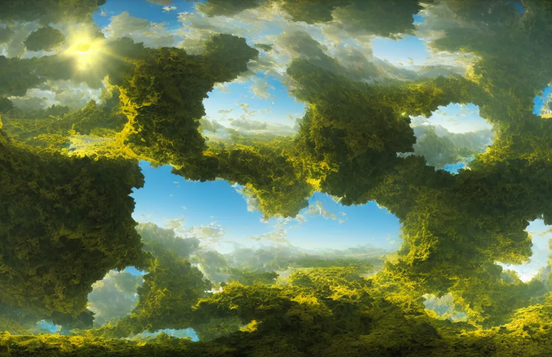 Image similar to mandelbrot mandelbulb swiss landscape, ridley scott, hyperreal phantastic green meadow landscape, small sailship, intricate details in environment, meeting point, portal, luminance, bright pastel colors, golden ratio, high aestehtic, cinematic light, godrays, distance, clear atmosphere, photobash, wideangle, bierstadt, hyperreal 4 k