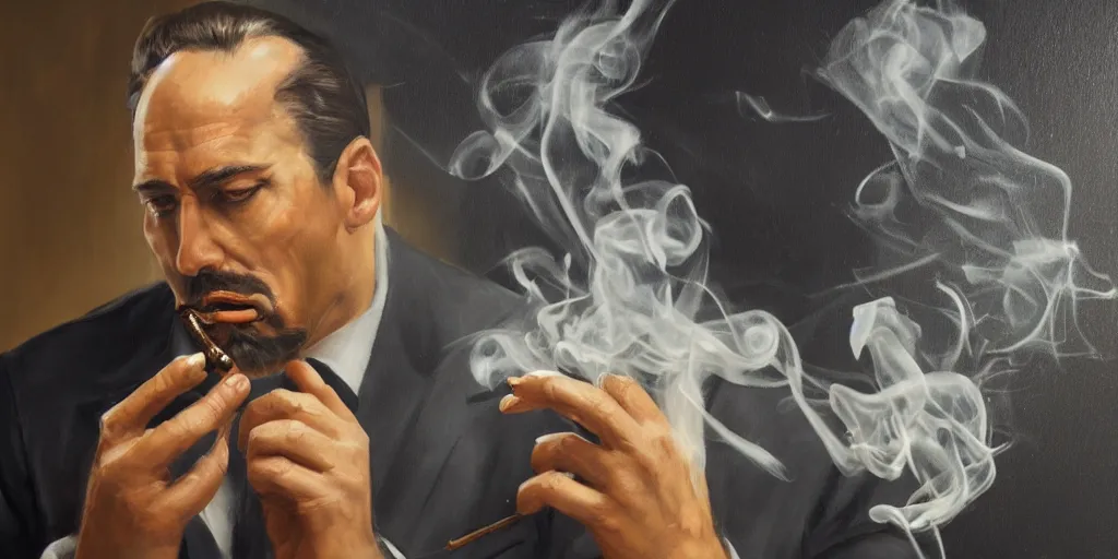 Image similar to abstract oil matte portrait painting, mafia boss smoking a cigar at his 5 0 s new york office desk, wonderful masterpiece highly detailed, beautiful cinematic light deep focus, elegant, digital painting, smooth, sharp focus, golden ratio, dramatic illumination, ultra realistic, 8 k, art by jimmy law