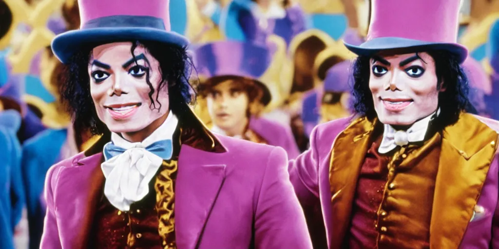 Prompt: Michael Jackson playing willy wonka in a warner bros movie, charlie and the choclate factory ultra realistic, 4K, movie still, UHD, sharp, detailed, cinematic, render, modern