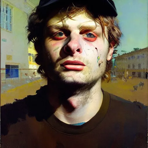 Image similar to portrait of mac demarco, detailed face, detailed painting, epic lighting, by ilya repin, phil hale and kent williams